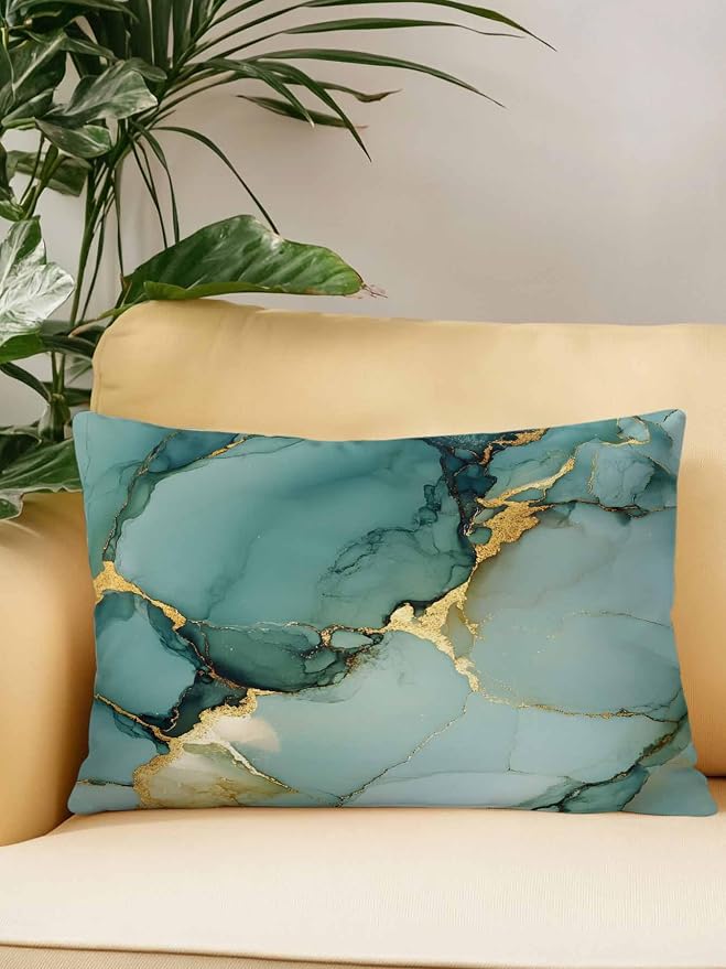 1 Pack Outdoor Throw Pillow, Teal Ombre Marble Waterproof Pillow with Insert Included, Modern Ink Painting Abstract Decorative Accent Cushion Lumbar Pillows for Patio Porch, 12 x 20 in
