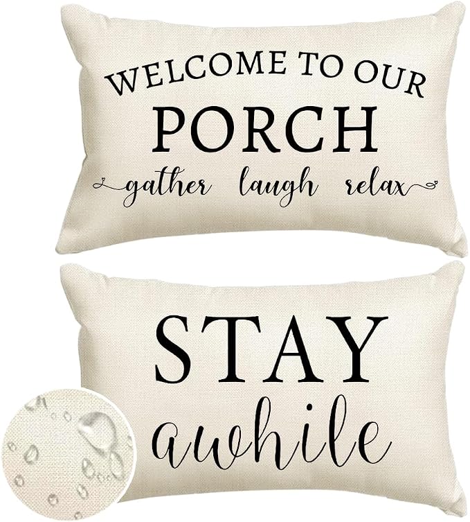 RABUSOFA Welcome to Our Porch Decor Outdoor Pillow Covers Waterproof,12x20 Set of 2 Cream Stay Awhile Relax Lumbar Cushion Case Decorations for Patio Couch (Cream)