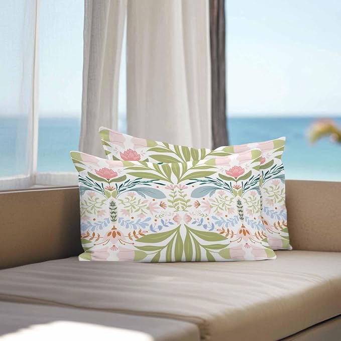 Outdoor Pillow Covers Waterproof, Green Blue Pink Floral All Weather Cushion Case Set of 2, Rustic Ethnic Boho Flowers Botanical Lumbar Pillowcase for Sofa Couch Bed Decor Patio Furniture 20"x12"