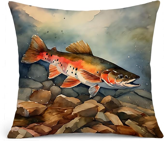 Caroline's Treasures Brook Trout Throw Pillow Machine Washable, Indoor Outdoor Decorative Pillow for Couch, Bed or Patio, 14Hx14W