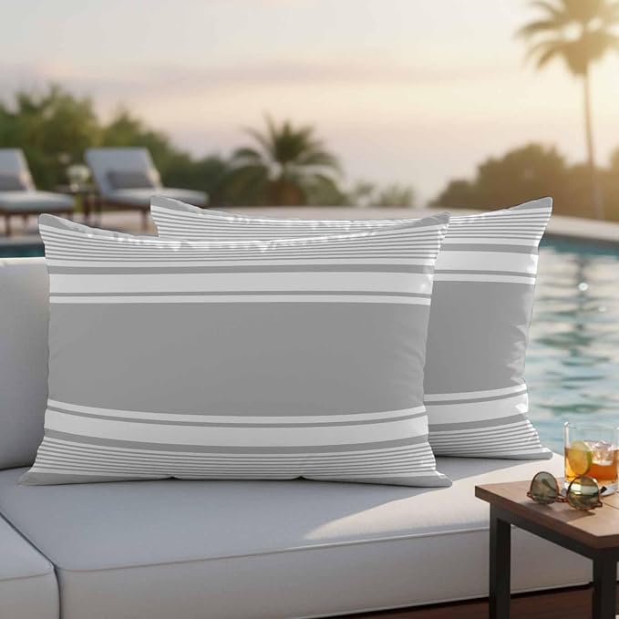 Vandarllin Outdoor Throw Pillows Covers 20x12 inch Set of 2 Waterproof Grey Stripes Decorative Zippered Cushion Covers for Patio Furniture, Striped Lines Lumbar Pillowcases