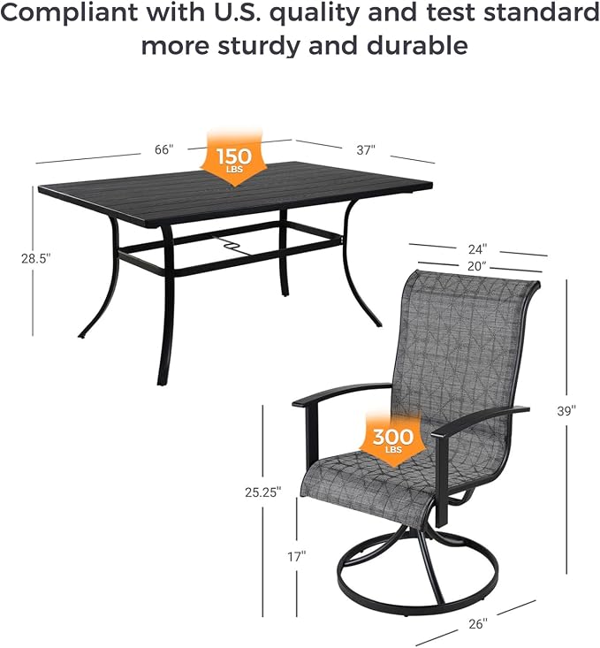 Grand patio 7-Piece Patio Dining Set for 6, Outdoor Dining Set with Swiviel Patio Chairs & 1 Rectangular Woodgrain Dining Table with Umbrella Hole, Black & Grey Plaid