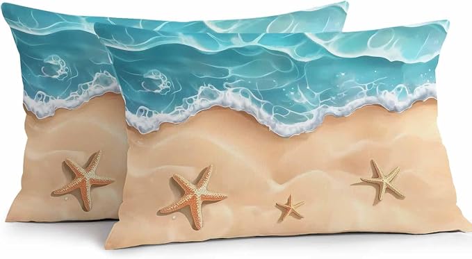 Ocean Beach Waterproof Outdoor Pillow Covers Set of 2 Home Decor, Starfish Sea Waves Coastal Seaside Sand Pillowcase Patio Pillow Covers for Couch Bench Furniture Garden 20x12in