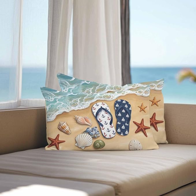 Blue Beige Seaside Outdoor Waterproof Throw Pillow Covers 20x12 Set of 2, Coastal Waves Starfish Summer Beach Nautical Decorative Pillowcases Cushion Pillowcase for Couch Sofa Patio Pillow Protector
