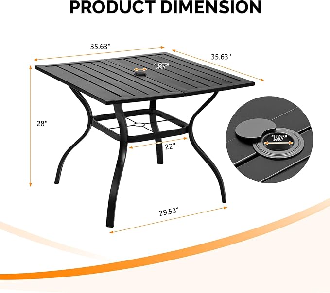 VINGLI 36" Square Patio Table for 4, Metal Outdoor Dining Table with Umbrella Hole, All-Weather Steel Patio Dining Table Outdoor Table for Lawn, Garden, Backyard, Black