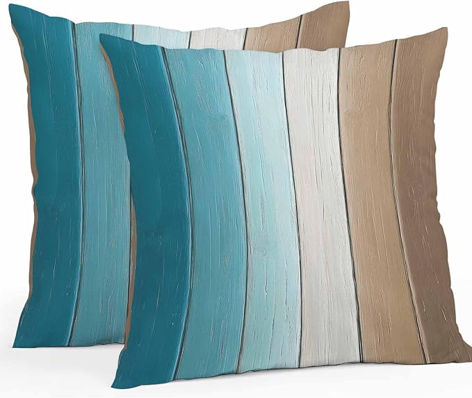 Throw Pillow Covers 20x20 Inch Set of 2, Teal Brown Ombre Waterproof Outdoor Cushion Covers, Vintage Country Wooden Decorative Pillowcases for Couch, Sofa, Bed, Garden, Patio