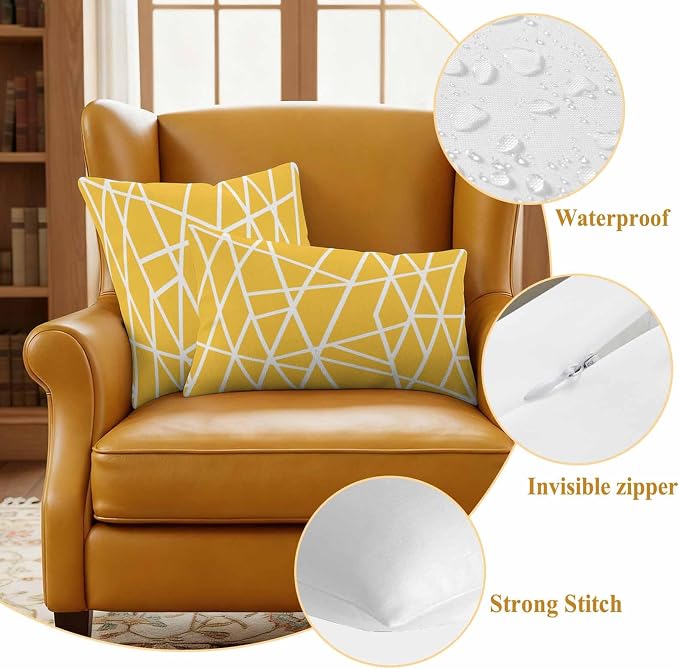 Outdoor Pillow Covers Waterproof, Yellow Geometric Decorative Rectangle Throw Pillowcases Patio Cushion Covers for Tent/Garden, 20" x 12" 2 Pack, Abstract Stripes Modern Minimalist