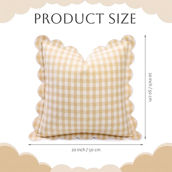 Gingham Scalloped Throw Pillow Cover 20"x20",Beige