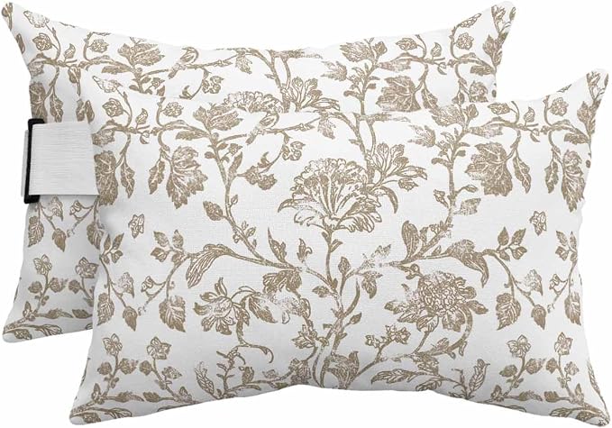 Pack of 2 Outdoor Lumbar Pillow Covers 12x20 Inch, Khaki Flower Waterproof Throw Pillow Covers Set, Vintage Farmhouse Boho Leaf Spring Plant Indoor&Outdoor Cushion Cases for Patio Porch Beach