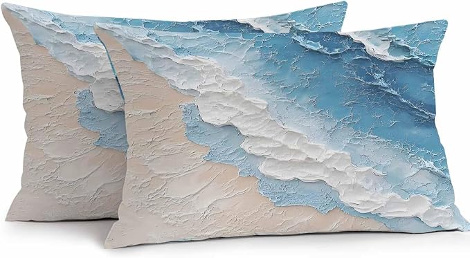 Summer Beach Theme Outdoor Pillow Covers 20x12in Pack of 2 Waterproof Pillowcase Watercolor Blue Ocean Wave Decorative Throw Cushion Case for Patio Couch Sofa