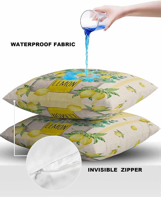 Eucalyptus Leaves Outdoor Pillow Covers Pack of 2, Yellow Stripes Vase Lemon Waterproof Pillow Covers Seasonal Spring Summer Throw Pillowcase for Patio Funiture Garden Tent, 26 x 26 inch