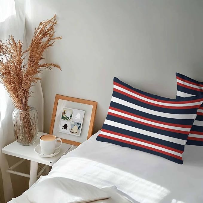Red Navy Blue Striped Outdoor Pillow Covers Waterproof, All Weather Cushion Case Set of 2, Contemporary Minimalist Aesthetic Lumbar Pillowcase for Sofa Couch Bed Decor Patio Furniture 20"x12"