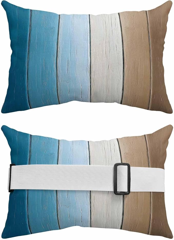 Blue Brown Ombre Outdoor Pillows for Chaise Lounge Chair Beach Headrest Pillow Set of 2 Waterproof Lumbar Pillows with Insert&Strap Vintage Country Wooden Recliner Neck Pillow for Patio Pool 12"x20"