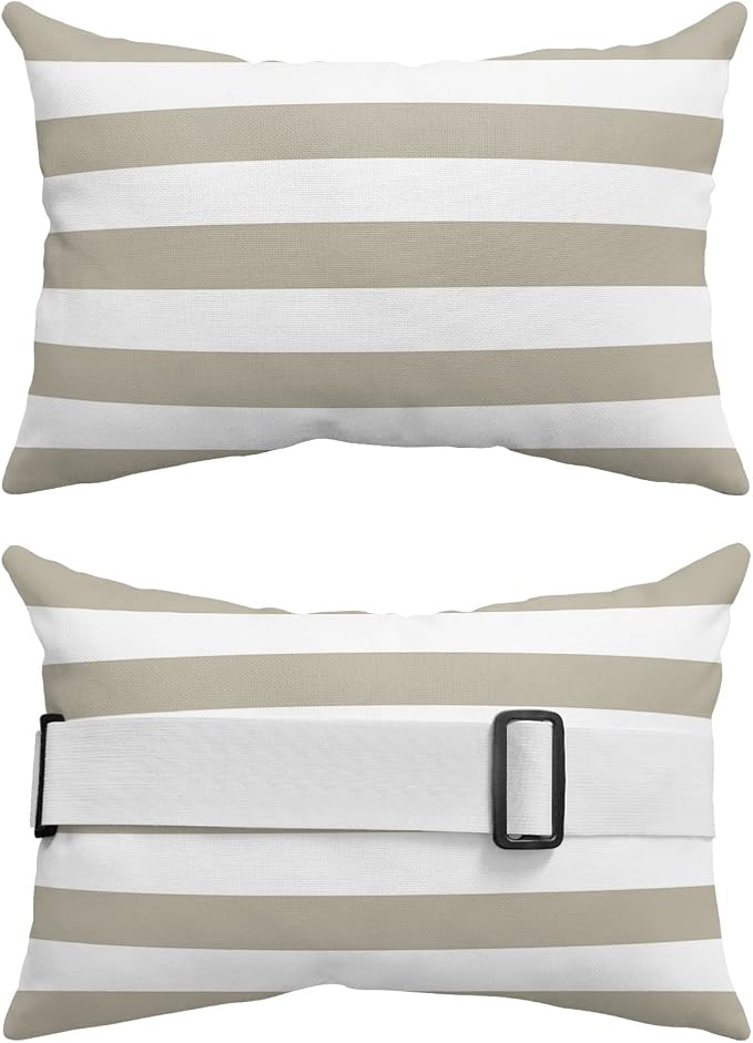 T&H XHome Outdoor Pillow for Chaise Lounge Chair, Beige and White Stripe Waterproof Headrest Pillow Lumbar Pillows with Adjustable Elastic Strap for Beach, Poolside, Patio, Office (1 Pack)