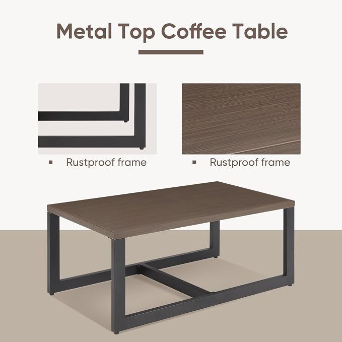 Belord Outdoor Coffee Table for Patio: Metal Heat Transfer Top Patio Coffee Table with Storage, Anti-Rust Frame Rectangular Modern Outdoor Table Furniture (48" W, Brown)