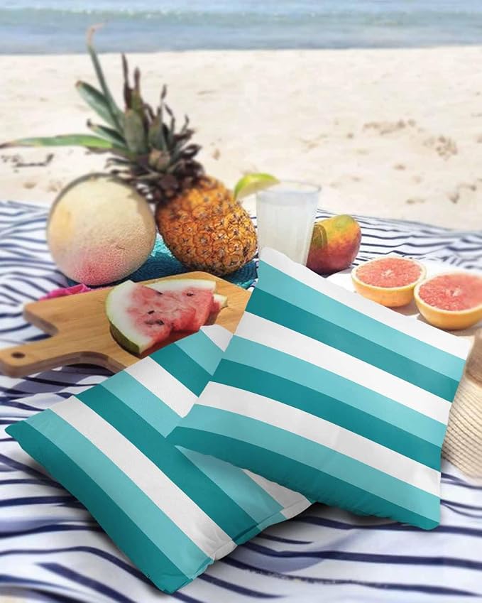 Pack of 2 Turquoise Green Stripe Outdoor Pillow Waterproof Covers 20x20 inch, Modern Art Polyester Throw Pillow Covers Garden Cushion Decorative Case for Patio Couch Decoration