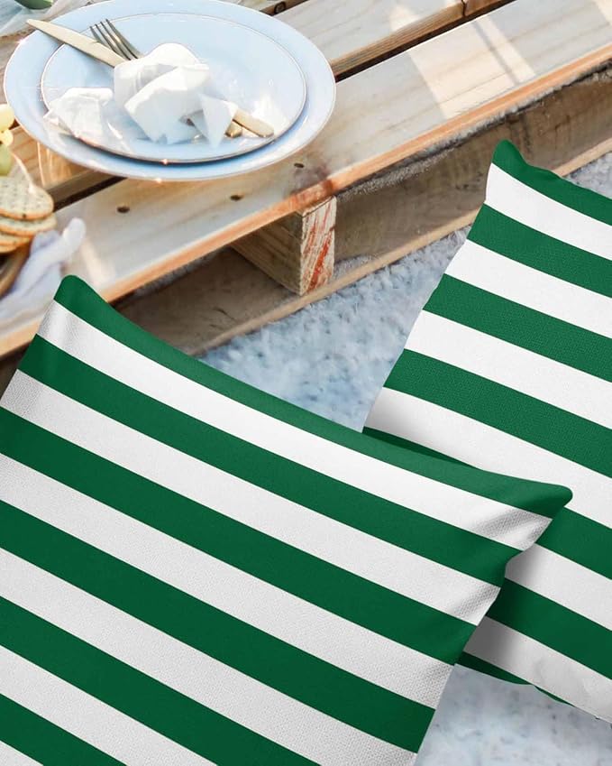 Outdoor Pillow Covers Set of 2, Green White Geometric Striped Decorative Waterproof Throw Pillowcase Xmas Color Striped Cotton Linen Soft Cozy Cushion Cover Pillowsham 20x20In