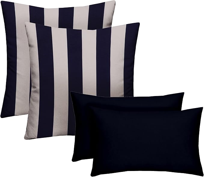 RSH DECOR Set of 4 Square and Lumbar Accent Pillows | Indoor/Outdoor All Weather Polyester Fabric | Reversible | 17" x 17" & 20" x 12" | Navy & White Stripe + Navy