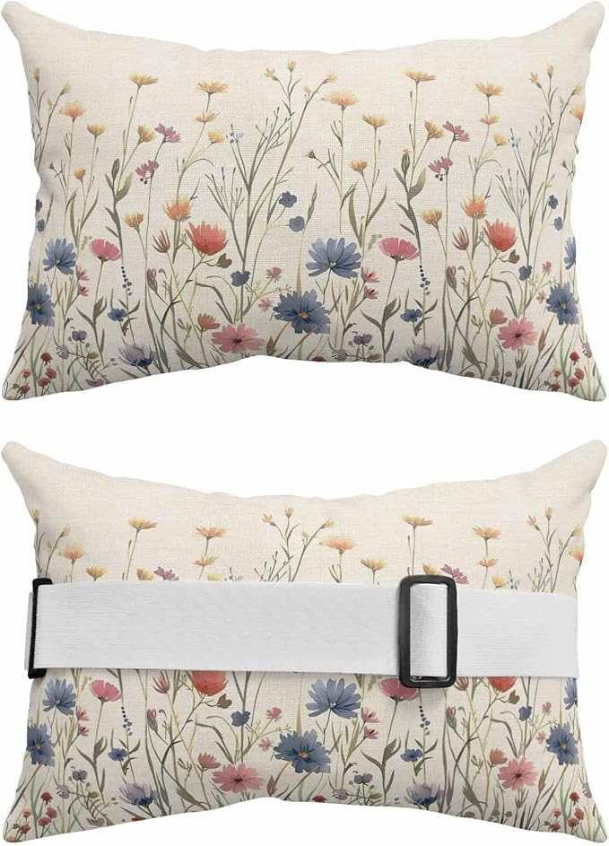 Outdoor Pillow for Chaise Lounge Chair Garden Watercolor Flower on Burlap Headrest Pillow with Adjustable Strap Set of 2,12x20 inch, Blossom Floral Botanical Leaves Head Pillows for Patio Pool