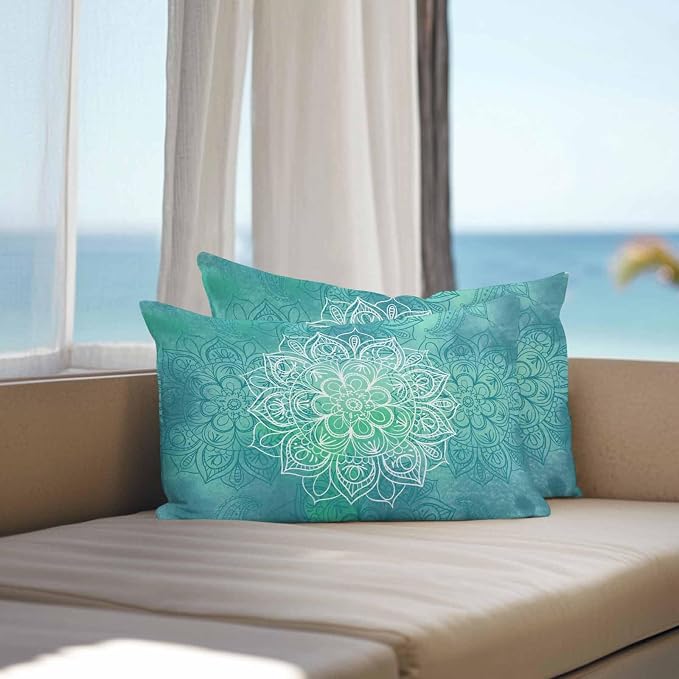 Vandarllin Outdoor Throw Pillows Covers 20x12 inch Set of 2 Waterproof Turquoise Boho Floral Decorative Zippered Cushion Covers for Patio Furniture, Bohemian Flower Lumbar Pillowcases