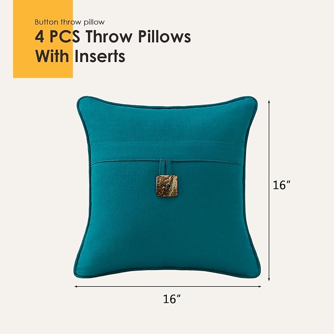 Outdoor Sunbrella Decorative Pillows with Coconut Button Pack of 4, 16" x 16" Outdoor Pillow Set for Couch Bed Throw Patio Sofa, Spectrum Peacock