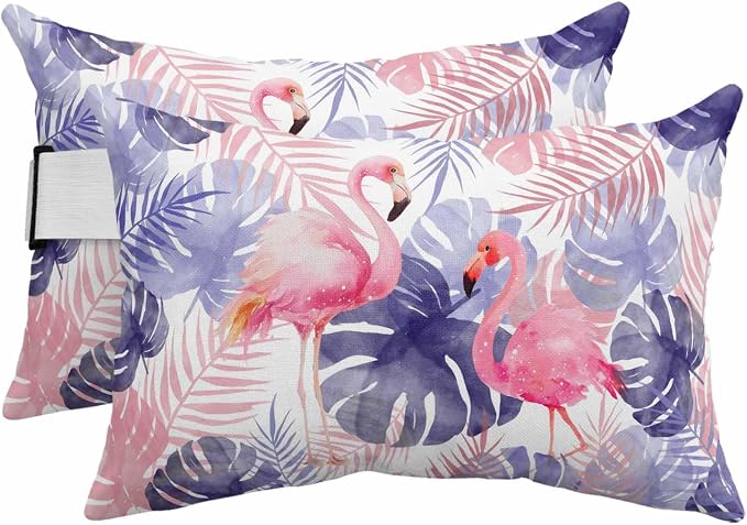 Outdoor Lumbar Pillow Set of 2, Flamingos Waterproof Beach Headrest Pillow with Inserts, Purple Summer Monstera Leaves Tropical Vintage Recliner Throw Pillows for Patio Furniture, 12 x 20