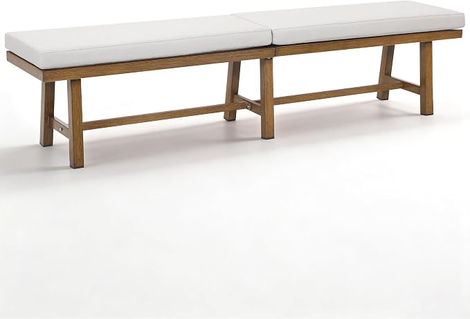 76'' Outdoor Patio Bench, 3-Seat Never-Rust Aluminum Backless Outdoor Bench with Thick Cushion, Weatherproof Outdoor Dining Benches, Outside Porch Benches for Balcony, Deck, Garden, Lawn, Teak