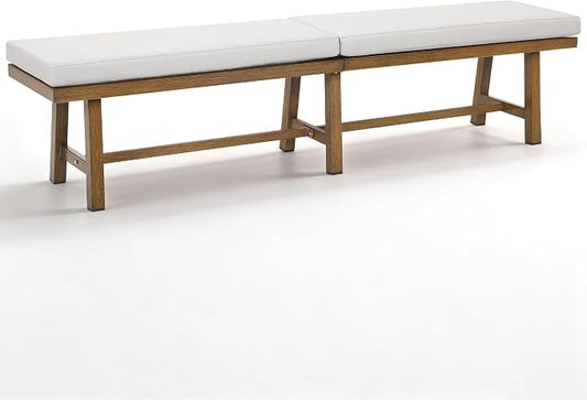 76'' Outdoor Patio Bench, 3-Seat Never-Rust Aluminum Backless Outdoor Bench with Thick Cushion, Weatherproof Outdoor Dining Benches, Outside Porch Benches for Balcony, Deck, Garden, Lawn, Teak
