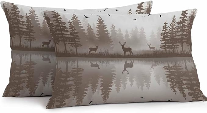 Yukro Brown Nature Landscape Outdoor Waterproof Pillow Covers Pack of 2, Deer Misty Lake Foggy Forest Birds Throw Pillowcases Decorative Cushion Covers for Garden Patio Tent Sofa Couch, 20x12 inch