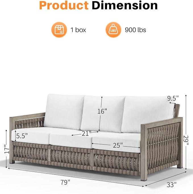 3 Seats Outdoor Sofa, Aluminum Patio Sofas Couch with Thick Cushions, Never-Rust 3-Seater Rope Weave Outside Patio Couch, Deep Seating Outdoor Sofa Furniture for Garden, Decks, Porch, Gray Oak