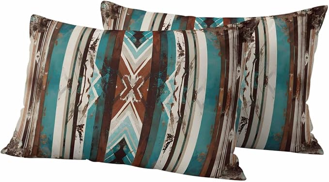 Ethnic Tribal Stripes Outdoor Pillow Covers 20"x12" Set of 2, Retro Vintage Geometric Teal Brown Stripes Waterproof Throw Pillow Covers for Patio Furniture, Decorative Cushion Covers for Porch