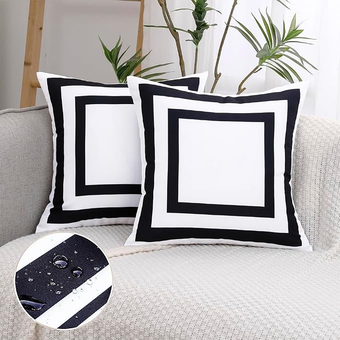 JOJOGOGO White Outdoor Throw Pillow Covers Waterproof 18x18 Set of 2, White and Black Decorative Outdoor Waterproof Boho Pillows 18 x 18 for Patio Furniture Bench (Black Border)