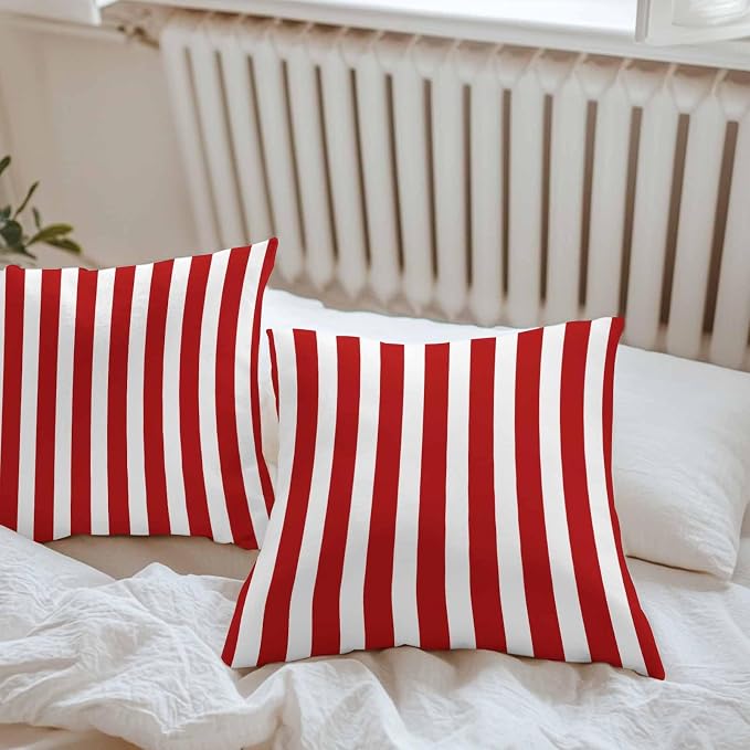 Red Striped Outdoor Waterproof Throw Pillow Covers 16x16 Set of 2, Christmas Farmhouse Red White Stripes Decorative Pillowcases Cushion Pillowcase for Couch Sofa Patio Outside Pillow Protector