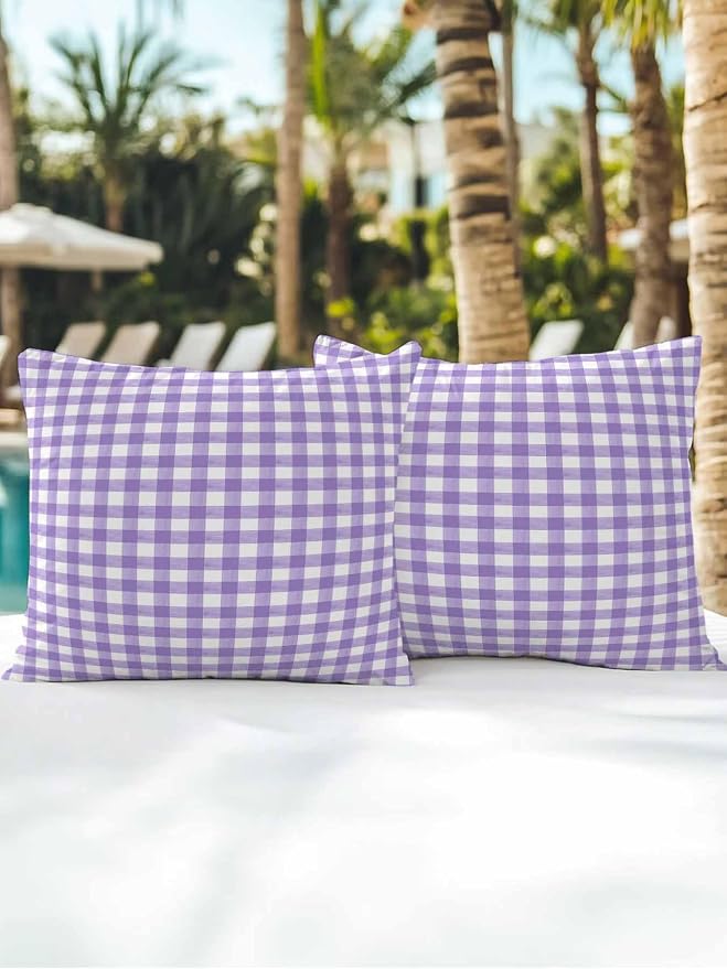 Outdoor Waterproof Throw Pillows Purple White Checkered Plaid Patio Pillows Pack of 2,Decorative Pillow Covers with Insert,Pillow Cushion Case for Garden Couch Sofa Gradient Buffalo Check