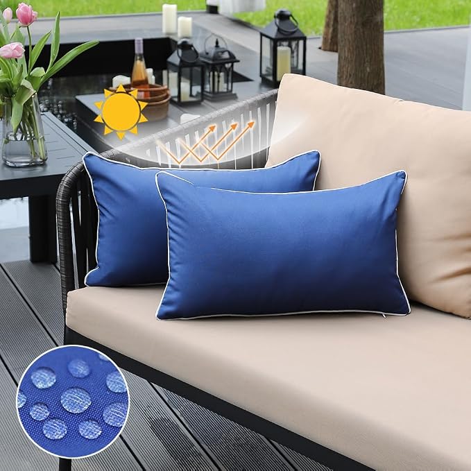 JOJOGOGO Blue Outdoor Waterproof Sun Fade Resistant Lumbar Pillow Covers 12x20 Set of 2, Navy Outdoor Lumbar Pillows Cushion Covers 12 x 20 for Patio Furniture Hammock (with White Piping)