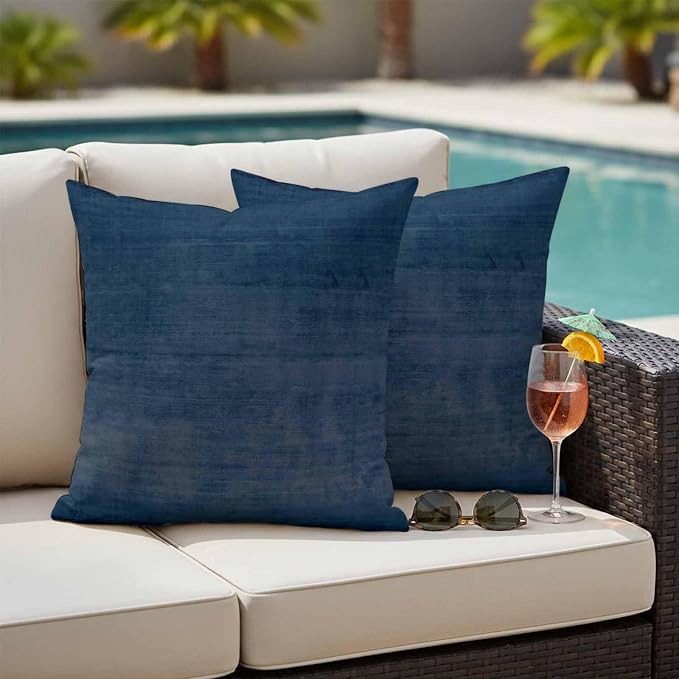 Vandarllin Outdoor Throw Pillows Covers 24x24 inch Set of 2 Waterproof Navy Blue Linen Decorative Zippered Cushion Covers for Patio Furniture, Solid Color Texture Lumbar Pillowcases
