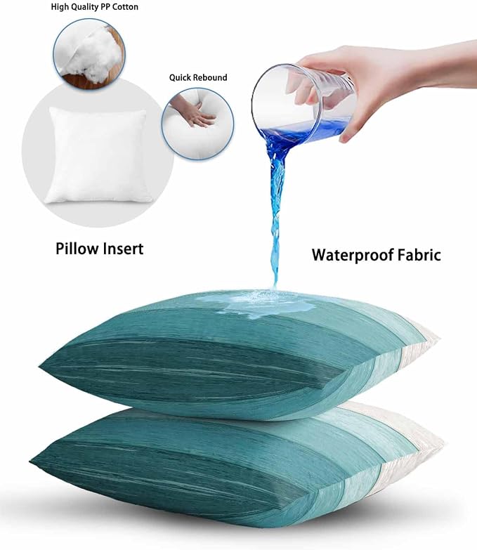 Outdoor Waterproof Throw Pillows Farmhouse Turquoise Wood Grain Patio Pillows Pack of 2,Decorative Pillow Covers with Insert,Pillow Cushion Case for Garden Couch Sofa Farm Rustic Gradient Stripes