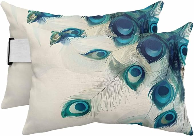 Chaise Lounge Head Pillows,Teal Turquoise Peacock Feather Outdoor Waterproof Patio Throw Pillows Abstract Animal Feathers Lumbar Pillow for Patio Beach Pool