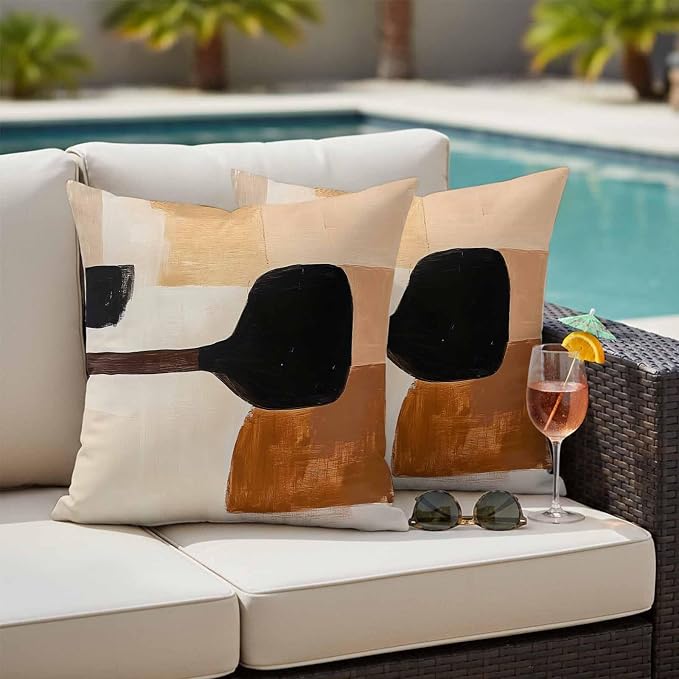 Beige Black Outdoor Waterproof Throw Pillow Covers Set of 2, 16"x16", Brown Abstract Art Graffiti Color Block Modern Decorative Pillow Covers Outside Cushion Case for Patio Porch Garden