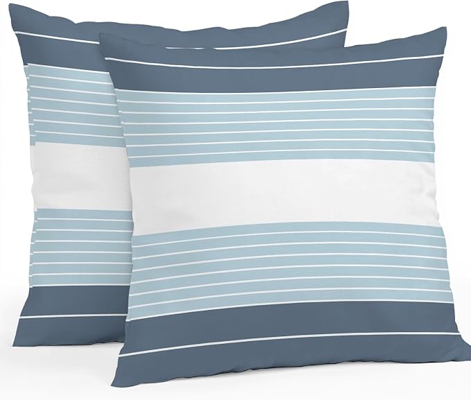 Haze Blue Aqua Stripe Outdoor Pillow Covers Waterproof, All Weather Cushion Case Set of 2, Modern Art Horizontal Striped Decorative Pillowcases for Sofa Couch Bed Decor Patio Furniture 16"x16"