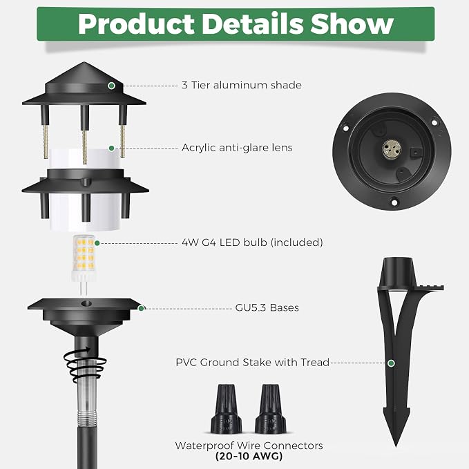 Pagoda Low Voltage Landscape Pathway Lights, 12V Outdoor LED Path Lights Wired, Aluminum Walkway Lighting with 4W 2700K Replaceable G4 Bulb, Classic 3-Tier Lantern, 6 Pack