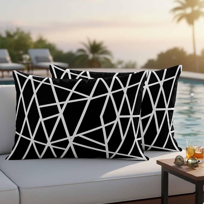 Outdoor Pillow Covers Waterproof, Black Geometric Decorative Rectangle Throw Pillowcases Patio Cushion Covers for Tent/Garden, 20" x 12" 2 Pack, Abstract Stripes Modern Simple