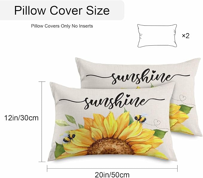 Vintage Yellow Sunflower Bee Outdoor Throw Pillow Covers Set of 2,Decorative Waterproof Pillowcase, Rustic Botanical on Linen Cushion Case for Patio Garden Couch Sofa Tent Bed 20x12 Inches
