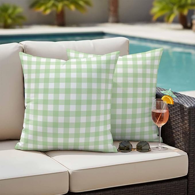 Mint Green Checks Outdoor Pillow Covers 18"x18" Set of 2, Gingham Plaid Abstract Modern Minimalist Waterproof Throw Pillow Covers for Patio Furniture, Decorative Cushion Covers for Porch