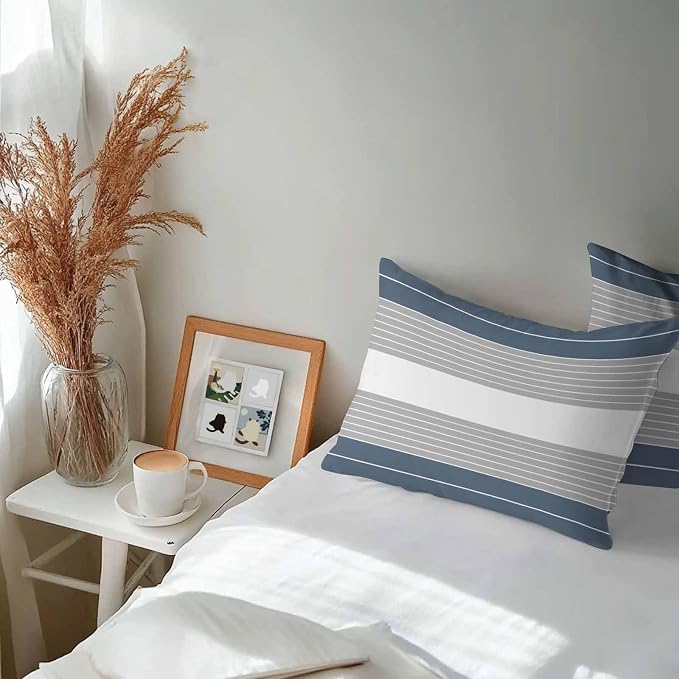 Haze Blue Grey Stripe Outdoor Pillow Covers Waterproof, All Weather Cushion Case Set of 2, Modern Art Horizontal Striped Lumbar Pillowcase for Sofa Couch Bed Decor Patio Furniture 20"x12"