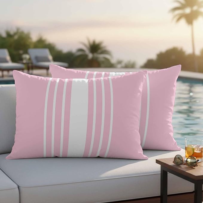 Pink White Stripe Outdoor Pillow Covers 20x12 Inch Lumbar Pillow Covers Set of 2 Waterproof Decorative Throw Pillow Cases Modern Rustic Vertical Striped Cushion Covers for Patio Furniture Garden Couch