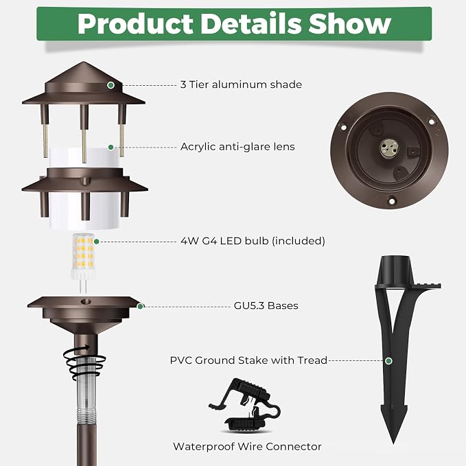Pagoda Low Voltage Landscape Pathway Lights, 12V Outdoor LED Path Lights Wired, Aluminum Walkway Lighting with 4W 2700K Replaceable G4 Bulb, Bronze Classic 3-Tier Lantern, 12 Pack