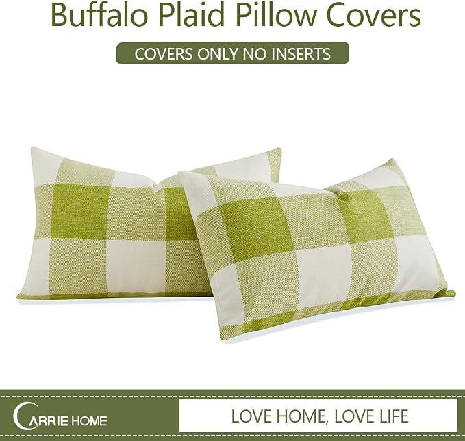CARRIE HOME Spring Green Outdoor Lumbar Pillows 12 x 20 Set of 2, Spring Porch Decor Green Plaid Pillow Covers 12x20, Sage Gingham Pillow Covers for Patio Furniture (No Pillow Inserts)