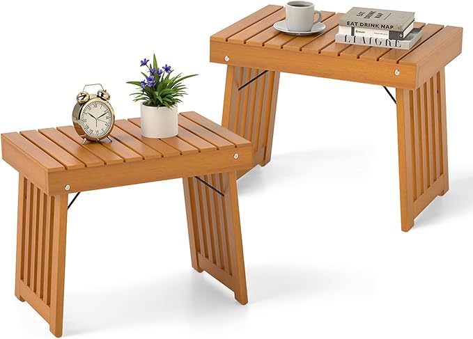 RELAX4LIFE Folding Outdoor Side Table - Acacia Wood Portable Patio End Table w/Slatted Tabletop, Outside Wooden Coffee Table for Backyard Balcony Porch Poolside Garden, Foldable Small Patio Table (2)