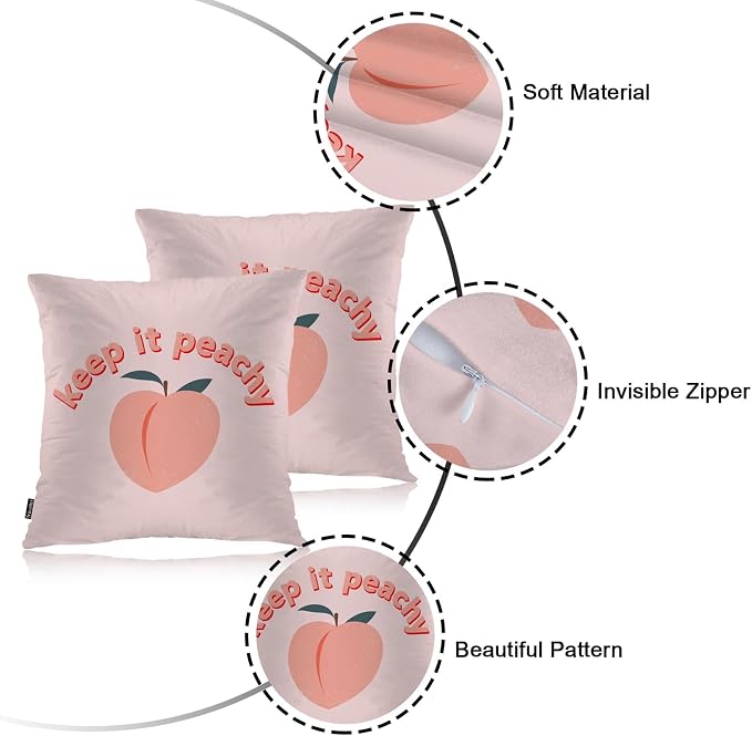 Swono Peach Throws Pillows Covers for Couch, Keep It Peachy Decorative Pillow Cases for Men Women, Peach Pink Comfortable Pillow Cushion Cover Pack of 2 18"X18" for Home Sofa Bed